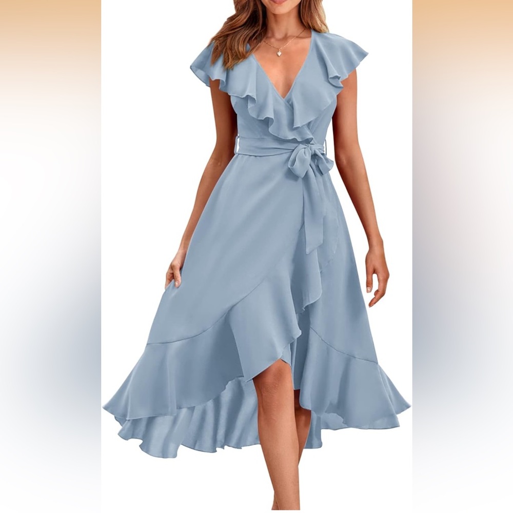 PRETTYGARDEN Midi Deep V Neck Ruffle Hem Dress